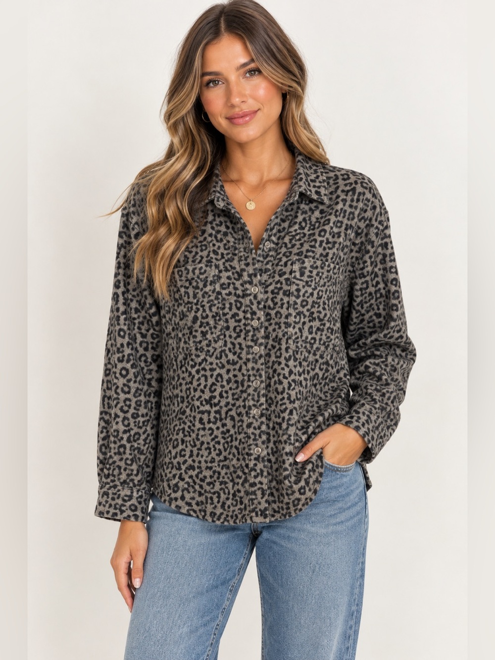 Leopard Print Button-Down Shirt -